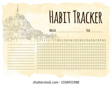 Habit tracker. City sketching. Line art silhouette. Travel card. Tourism concept. France, Mont Saint-Michel. Sketch style vector illustration.