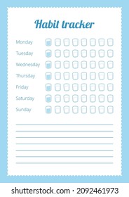 Habit tracker concept. Water tracker balance vector calendar.  Printable template. Page for effective planning. Paper sheet. Vector illustration.