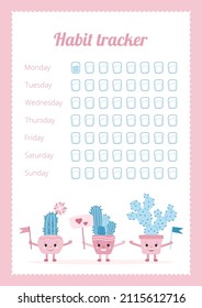 Habit tracker concept. Water balance tracker vector calendar. Cute blue cacti with flags and a sign with hearts. Printable template. A page for effective planning. Paper sheet. Vector illustration.