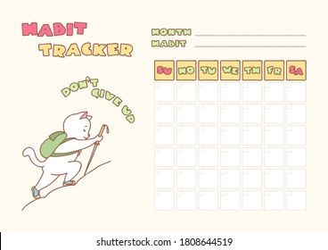 Habit tracker. Cute habit tracker for a month template decorated with a white cat traveller hiking with a backpack in mountains. Vector 8 ESP.