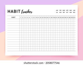 Habit tracker. Daily list. Habit diary template for month. Journal planner with goal and bullets. Simple design.  Vector illustration.  Horizontal, landscape orientation, paper size A4.