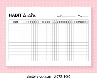 Habit tracker. Daily template habit diary for a month. Journal planner with bullet. Simple design, A4. Vector illustration. Goal list. 