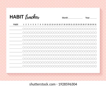 Habit tracker. Daily template habit diary for month. Journal planner with bullets. Vector illustration. Goal list on dotted background. Simple design. Horizontal, landscape orientation. Paper size A4.