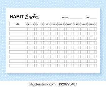 Habit tracker. Daily template habit diary for month. Vector illustration. Journal planner with bullets. Goal list on dotted background. Simple design. Horizontal, landscape orientation. Paper size A4.