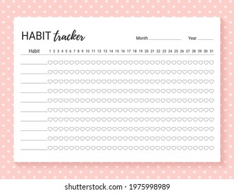 Habit tracker. Daily template habit diary for month. Vector illustration. Journal planner with bullets. Goal list on pink background with hearts. Simple design. Horizontal, landscape orientation, A4.