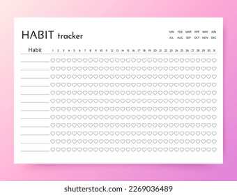 Habit tracker. Daily template habit diary for month. Journal planner with bullets. Goal list with hearts on pink background. Simple design. Horizontal, landscape orientation, A4. Vector illustration.