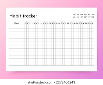 Habit tracker. Daily template habit diary for month. Journal planner with bullets. Goal list with hearts on pink background. Simple design. Horizontal, landscape orientation, A4. Vector illustration.