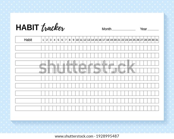 Habit tracker. Daily template habit diary for month.\
Vector illustration. Journal planner with bullets. Goal list on\
dotted background. Simple design. Horizontal, landscape\
orientation. Paper size\
A4.