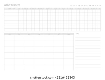 Habit Tracker Design-Vorlage in einem modernen, einfachen und minimalistischen Stil. Hinweis, Scheduler, Tagebuch, Kalender, Planer Dokumentvorlage Illustration.