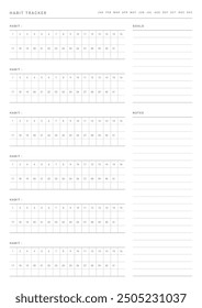 Habit tracker design template in a modern, simple, and minimalist style. Note, scheduler, diary, calendar, planner document template illustration.