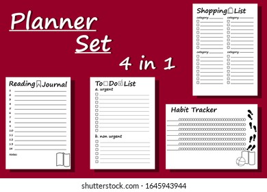 Habit tracker, to do list, reading journal, shopping list. Minimalist planner page design set. Monthly planner template. Blank for notebook . Business organizer page. Paper sheet. Printable vector.