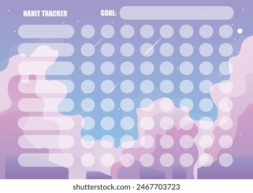 Habit Tracker Dokument A4 druckbare Zeitplan Planer auf Abstraktem Hintergrund Himmel mit Wolken und Sternen Vektorgrafik Design