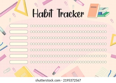 Habit tracker. Emotion schedule, habbit tracker. Printable to do list. School organizer page. Paper sheet. Doodle hand drawn vector illustration of student study items background