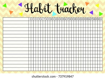 Habit tracker empty blank, monthly planner template in yellow colors, vector illustration