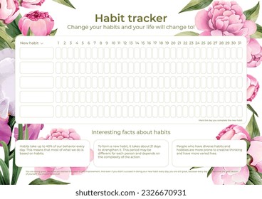 Habit tracker flower design. Vector illustration with watercolor flowers