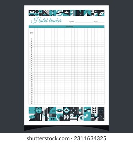 Habit tracker geometric. Habit tracker printable template with geometric shapes. Blank white notebook page A4. Vector illustration.