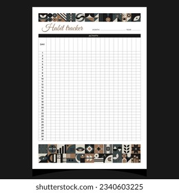 Habit tracker geometric. Habit tracker printable template with geometric shapes. Blank white notebook page A4. Vector illustration.