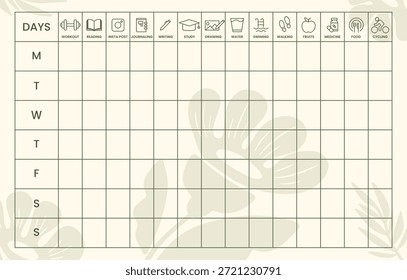 Plantilla Horizontal de seguimiento de hábitos con íconos diarios para hacer ejercicio, leer, escribir en diario y tomar agua para la planificación semanal del estilo de vida y el uso de diarios digitales o redes sociales