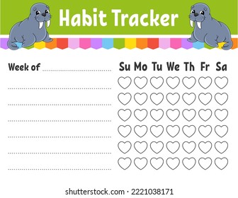 Habit tracker for kids. Sheet template for printing. With cute character. Vector illustration.