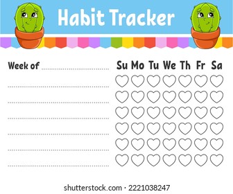 Habit tracker for kids. Sheet template for printing. With cute character. Vector illustration.