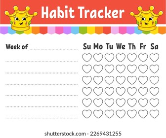 Habit tracker for kids. Sheet template for printing. With cute character. Vector illustration.