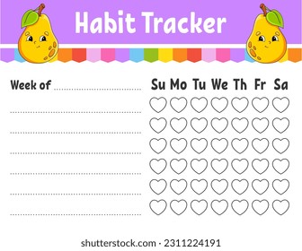 Habit tracker for kids. Sheet template for printing. With cute character. .