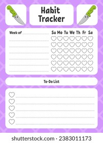 Habit tracker for kids. Sheet template for printing. With cute character. Vector illustration.