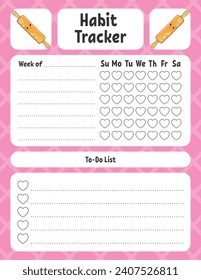 Habit tracker for kids. Sheet template for printing. With cute character. Vector illustration.