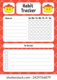 Habit tracker for kids. Sheet template for printing. With cute character. Vector illustration.