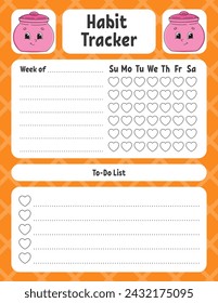 Habit tracker for kids. Sheet template for printing. With cute character. Vector illustration.