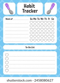 Habit tracker for kids. Sheet template for printing. With cute character. Vector illustration.