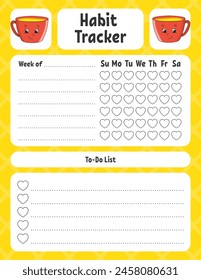 Habit tracker for kids. Sheet template for printing. With cute character. Vector illustration.