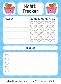 Habit tracker for kids. Sheet template for printing. With cute character. Vector illustration.