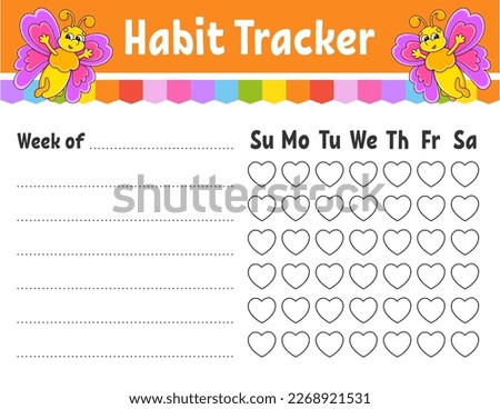 Habit tracker for kids. Sheet template for printing. With cute character. Vector illustration.