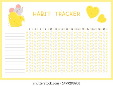 Habit tracker for month flat vector template.  Little rat hugging cheese heart. Children planner page with cute mouse layout.  Daily achievements planning. Kids assignments blank timetable design
