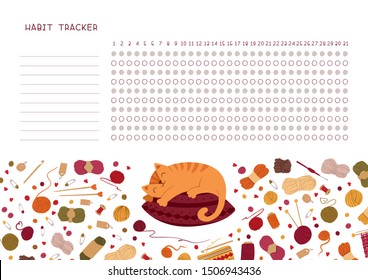 Habit tracker for month flat vector template. Knitting themed blank, personal organizer with decorative frame. Adorable kitten sleeping on knitted pillow flat illustration with text space