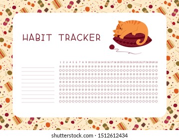 Habit tracker for month flat vector template. 
Knitting themed blank, personal organizer with decorative frame. Adorable kitten sleeping on knitted pillow flat illustration with text space
