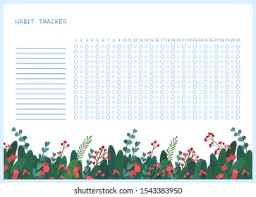Habit tracker for month flat vector template. Winter leaves themed blank, personal organizer with decorative frame. Traditional Christmas symbolic tree leaves, berries, bouquet  illustration with text
