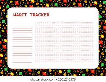 Habit tracker for month flat vector template. Planner page  with chinese   lanterns and fireworks  layout. Daily achievements planning. Assignments blank timetable design.