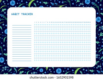 Habit tracker for month flat vector template. Spring blue wild flowers themed blank, personal organizer with decorative frame. Summer season floral page with stylized lettering