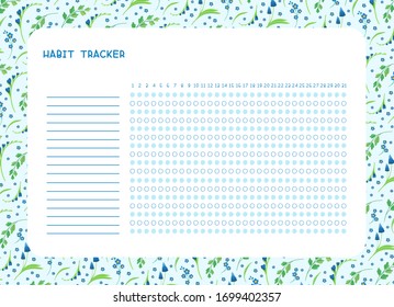 Habit tracker for month flat vector template. Spring blue wild flowers themed blank, personal organizer with decorative frame. Summer season floral page with stylized lettering