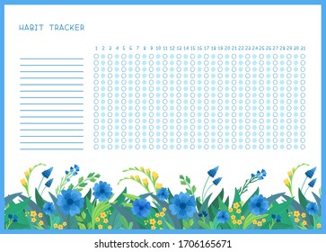 Habit tracker for month flat vector template. .Spring blue and yellow wild flowers themed blank, personal organizer with decorative frame. Summer season floral border with stylized lettering