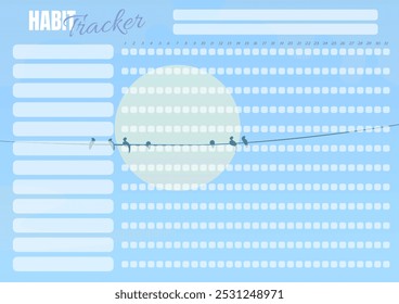 Habit Tracker For A Month Printable Blue Sky Sun Birds Nature Background Vector Design