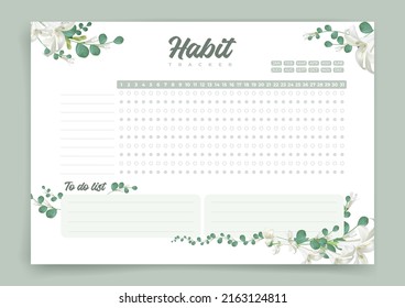 Habit tracker. Monthly planner. Monthly planner habit tracker blank template. Vector illustration. Minimal style. Clean style. Daily to do.