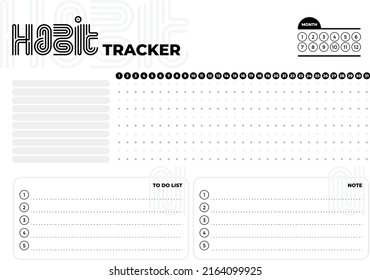 Habit tracker. Monthly planner. Monthly planner habit tracker blank template. Vector illustration. Minimal style. Clean style. Daily to do.