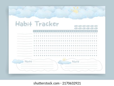 Habit tracker. Monthly planner. Monthly planner habit tracker blank template. Vector illustration. Minimal style. Clean style. Daily to do. Cute style.