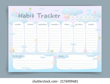 Habit tracker. Monthly planner. Monthly planner habit tracker blank template. Vector illustration. Minimal style. Clean style. Daily to do. Cute style.