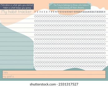 Habit Tracker. Monthly planner habit tracker blank template. Monthly planer. Vector illustration. Soft trendy color