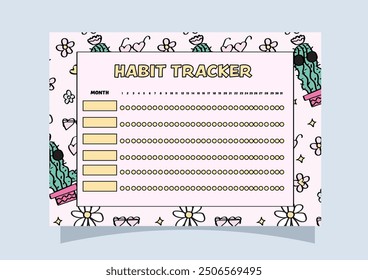 Habit tracker monthly planner template with a cactus and flower pattern background.