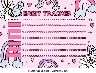 Habit tracker monthly planner template with magical unicorns and rainbows pattern background.